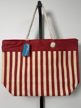 Red & Ivory Striped Rope Handle Tote Bag